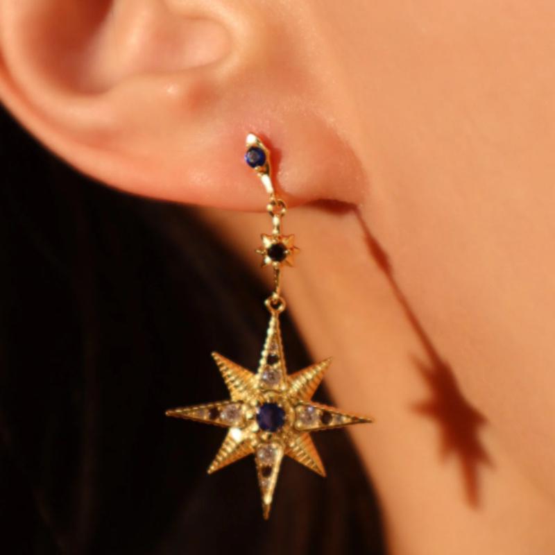 Retro Asymmetrical Earrings with Moon Hexagram Star Inlay Zirconia Earrings for Vacation Celebration Holiday for Men Women
