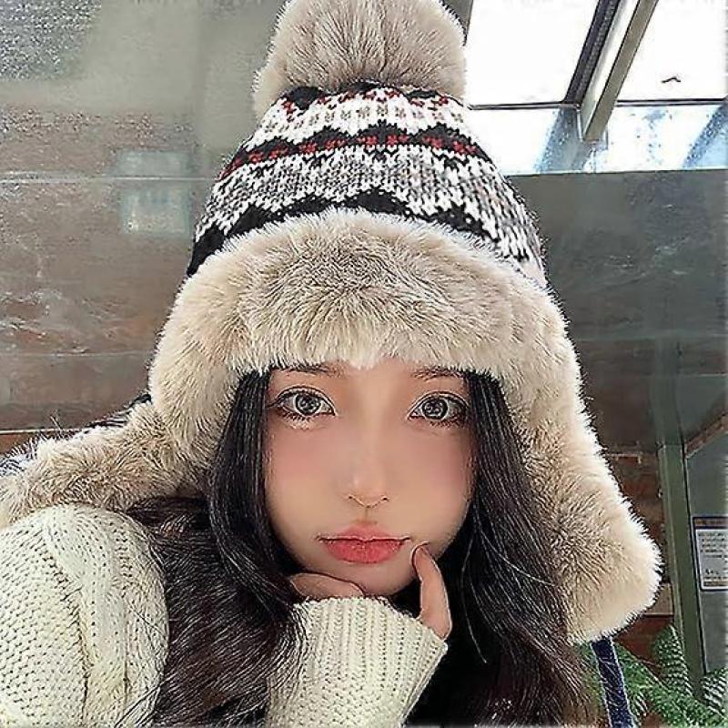 Women's Winter Knitted Beanie Ear Protection Warm Fleece Lined Skull Hat Earmuffs Snow Hat