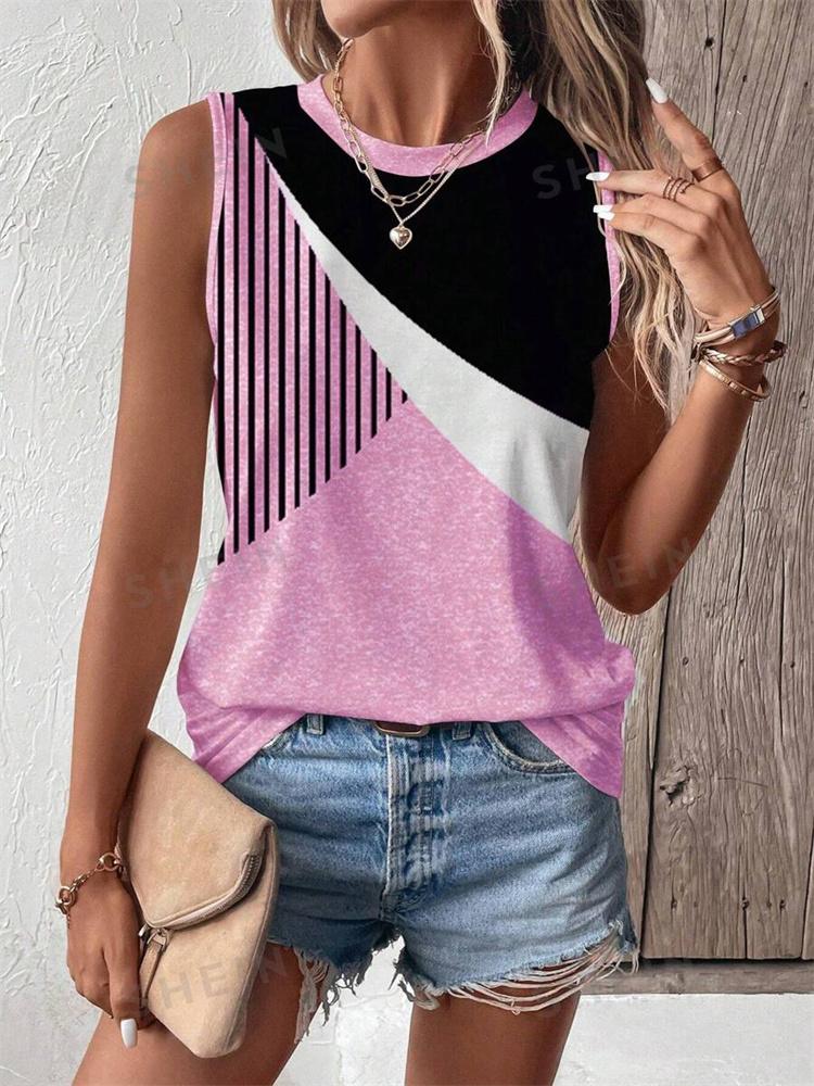 2026 New Striped Print Women's Elegant Tank Top Summer Street Fashion Tank Top Everyday Casual Women's Sleeveless T-shirt