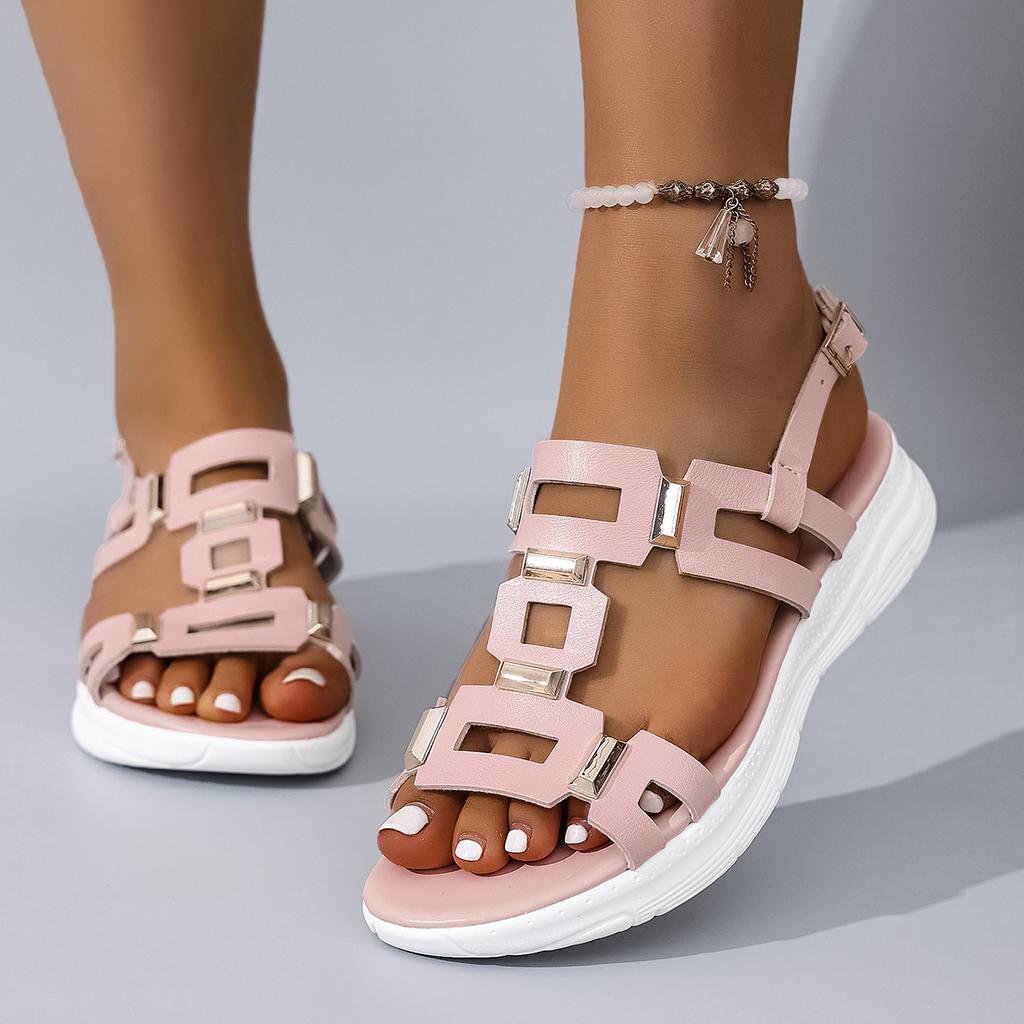 New hollow metal buckle flat bottom cool slippers women's personality lightweight buckle beach cool slippers ebay
