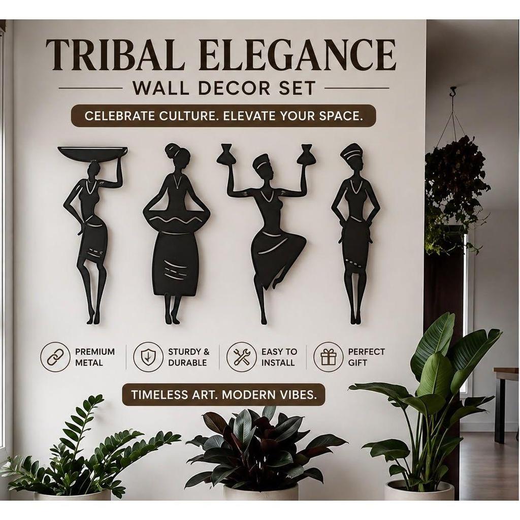 Set of 4 African Tribal Women Wall Decor – Black Laser-Cut MDF & Solid Pine Wood Ethnic Wall Art