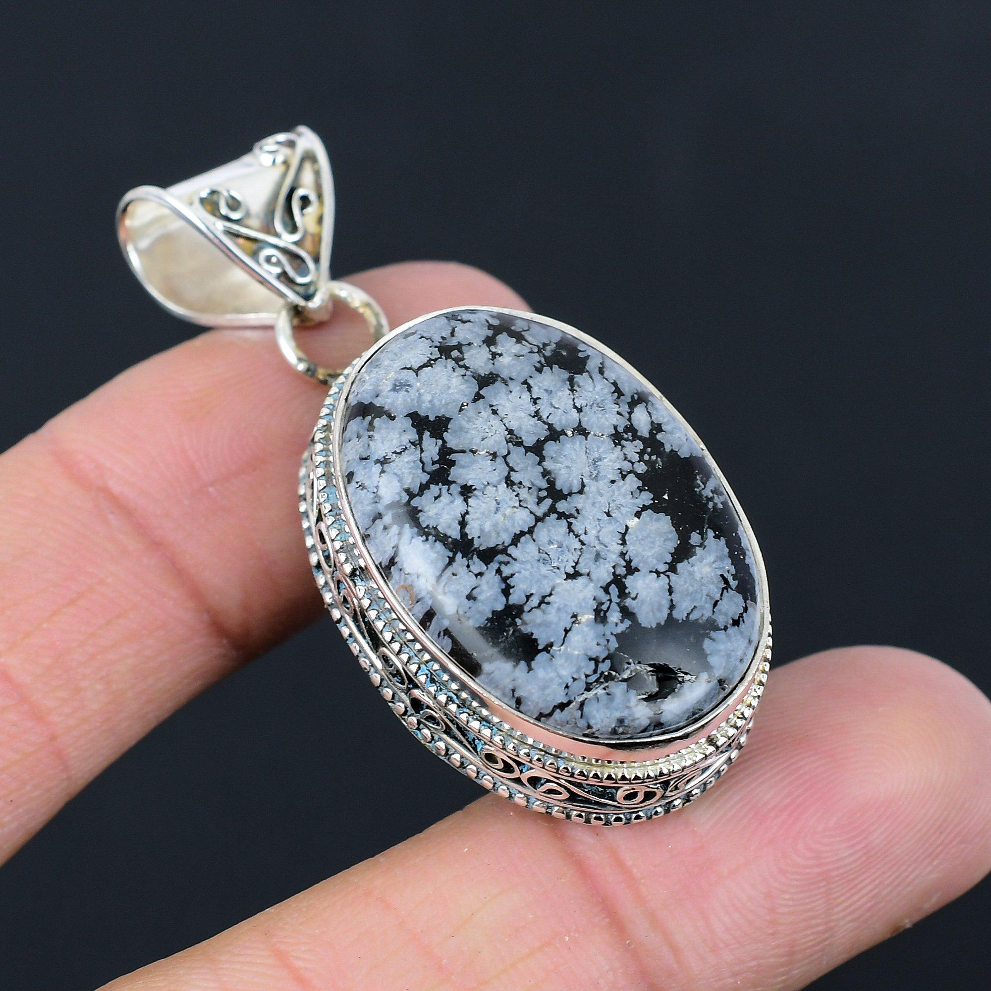 Daughters Day Deal Snowflake Obsidian Stone 925 Sterling Silver Pendant Jewelry