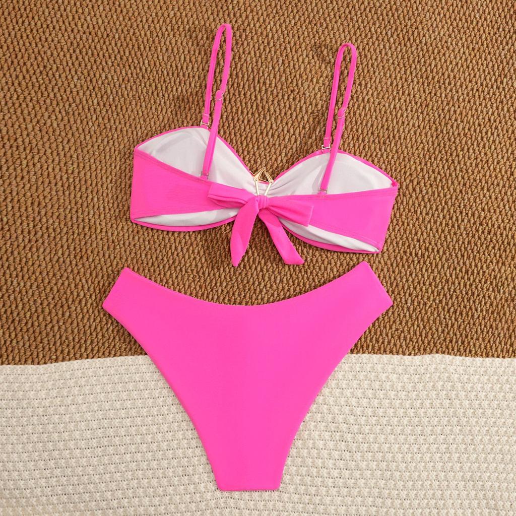 Sexy Metal Starfish Ornament Bikini Women Hot Pink Pleate Push Up High Waist Swimwear Beach Bathing Suit Holiday Swimsuit