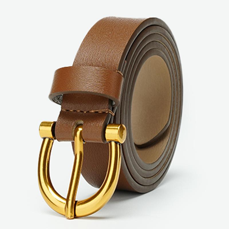 Belt Korean Version Punching Pin Buckle Gold Brown Genuine Leather Cowhide Slim Lady Belt Women's Belt