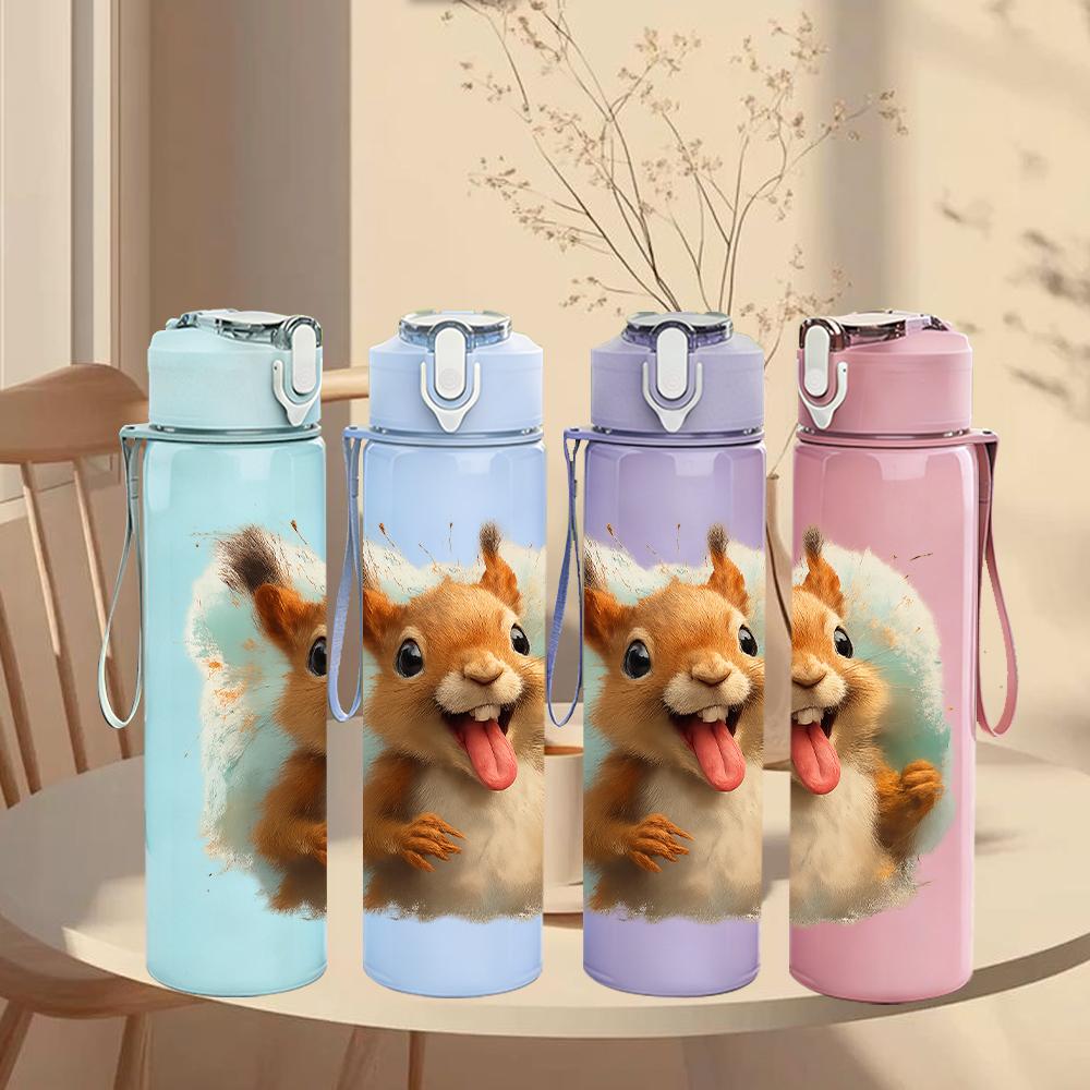 1PC Cheerful Squirrel Cartoon 750ml Color Plastic Sports Water Bottle Leakproof Flip Straw Lid For Sports Office Home Use