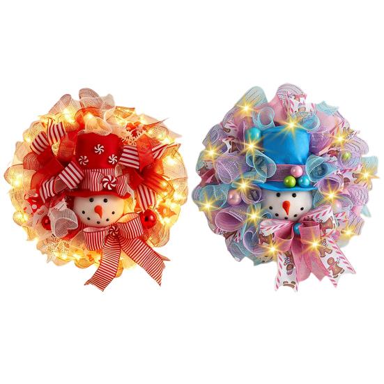 Christmas Snowman Wreath for Front Door Light Up Red/Blue Mesh Ribbon Candy Cane Wreath with Snowman Doll for Winter Home Wall Decor