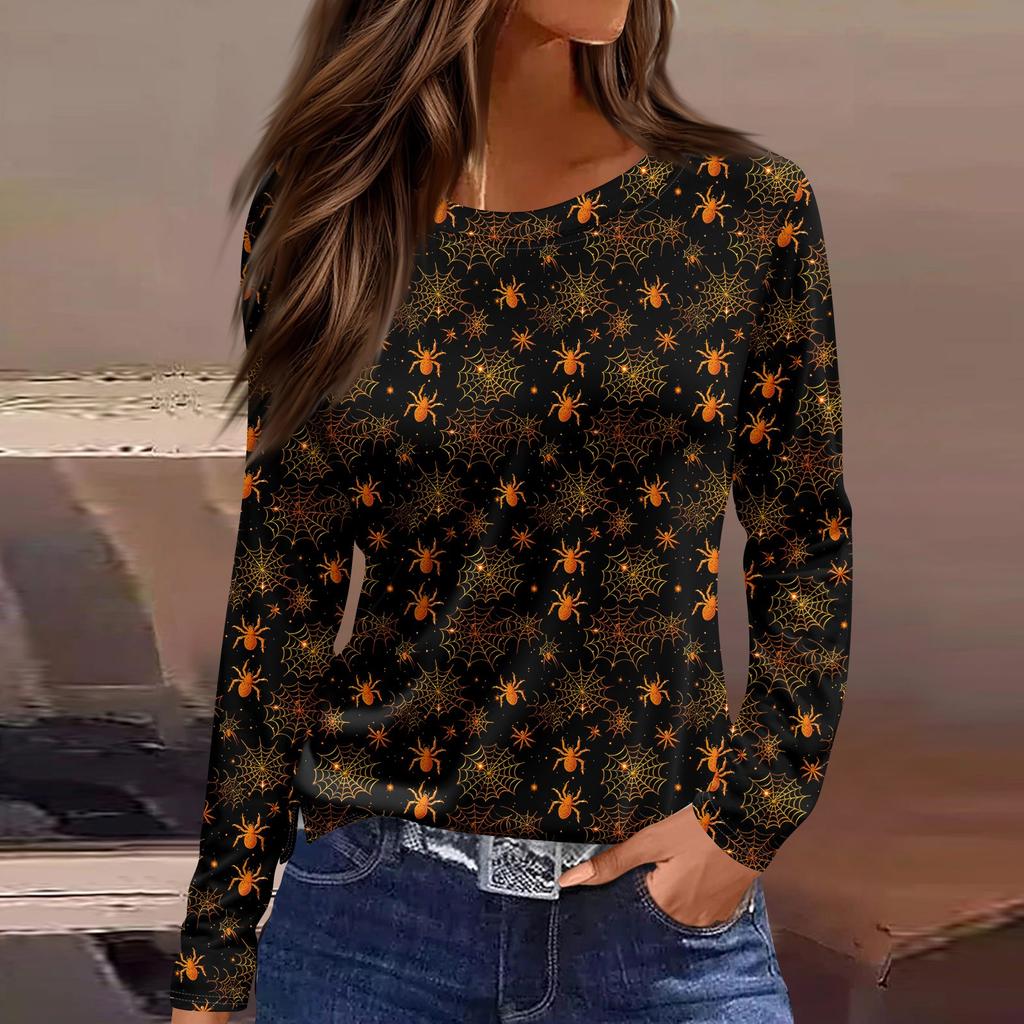 Women's Fashion Hem Slit Casual Halloween Printed Round Neck Long Sleeve Top