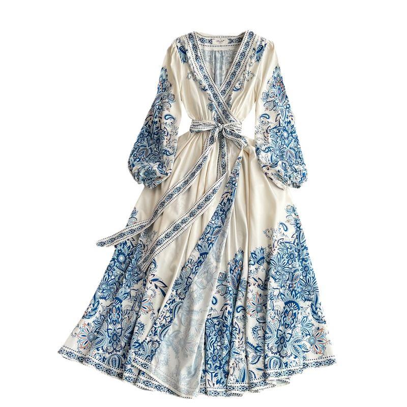 Spring and Autumn Bubble Long Sleeve Elegance Print Dress