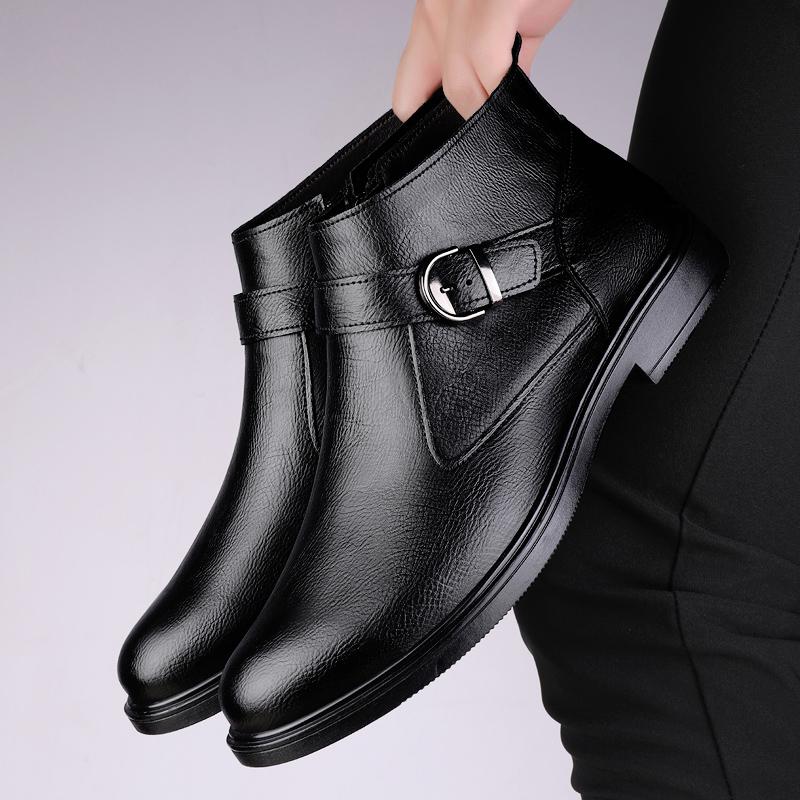 Winter Plush Warm Black Chelsea Mens Boots Business Formal High Top Leather Shoes British Style Low Heel Versatile Wedding Shoes