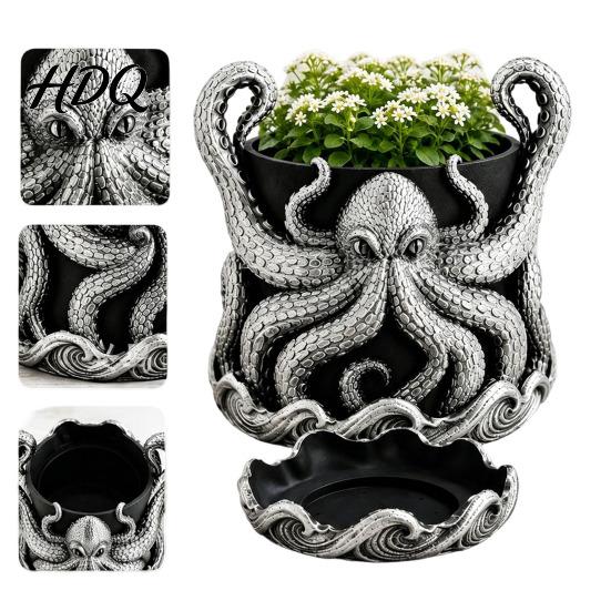 Distinctive Blue Green Planter 3D Printed Octopus Planter with Tray Plant Holder Nautical Coastal Handcrafted Sculpture Indoor Outdoor Holder