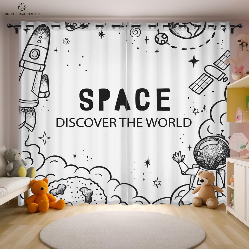 Animated Cartoon Astronaut and Space Drapes for Kids Bedroom Window Decoration Semi Blackout Curtains Home Decoration