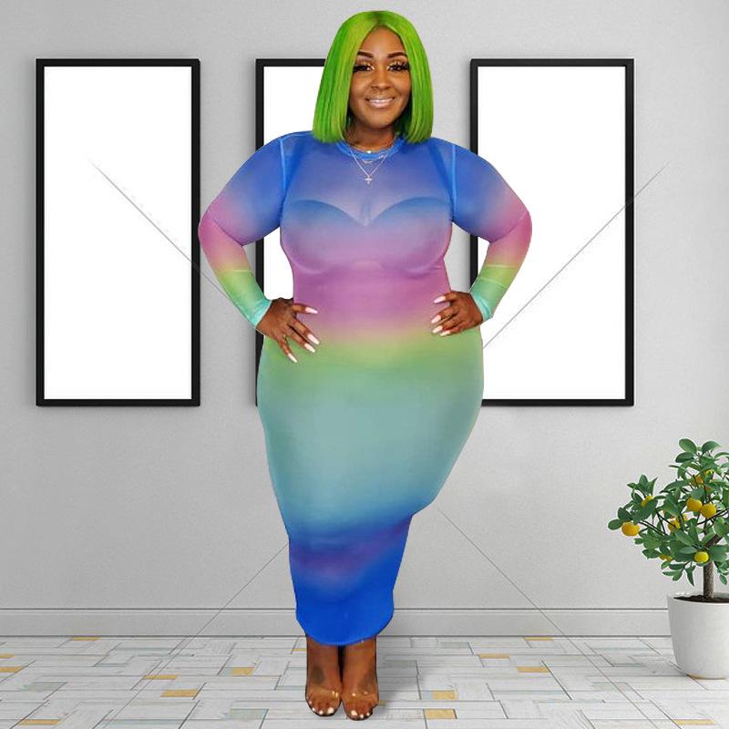 Plus Size Colorful Tie Dye Bandage Dress Women Long Sleeve Mesh Transparent Sexy Club Party Dresses