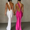 Hugcitar One Shoulder Backless Adjustable Scarf Loop Ruched Sexy Maxi Dress Women Elegant Y2K Streetwear Festival Outfit