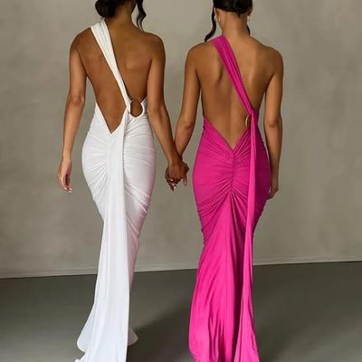 Hugcitar Ein Schulter Freier Rücken Verstellbare Schal-Schlaufe Raffung Sexy Maxikleid Damen Elegant Y2K Streetwear Festival Outfit