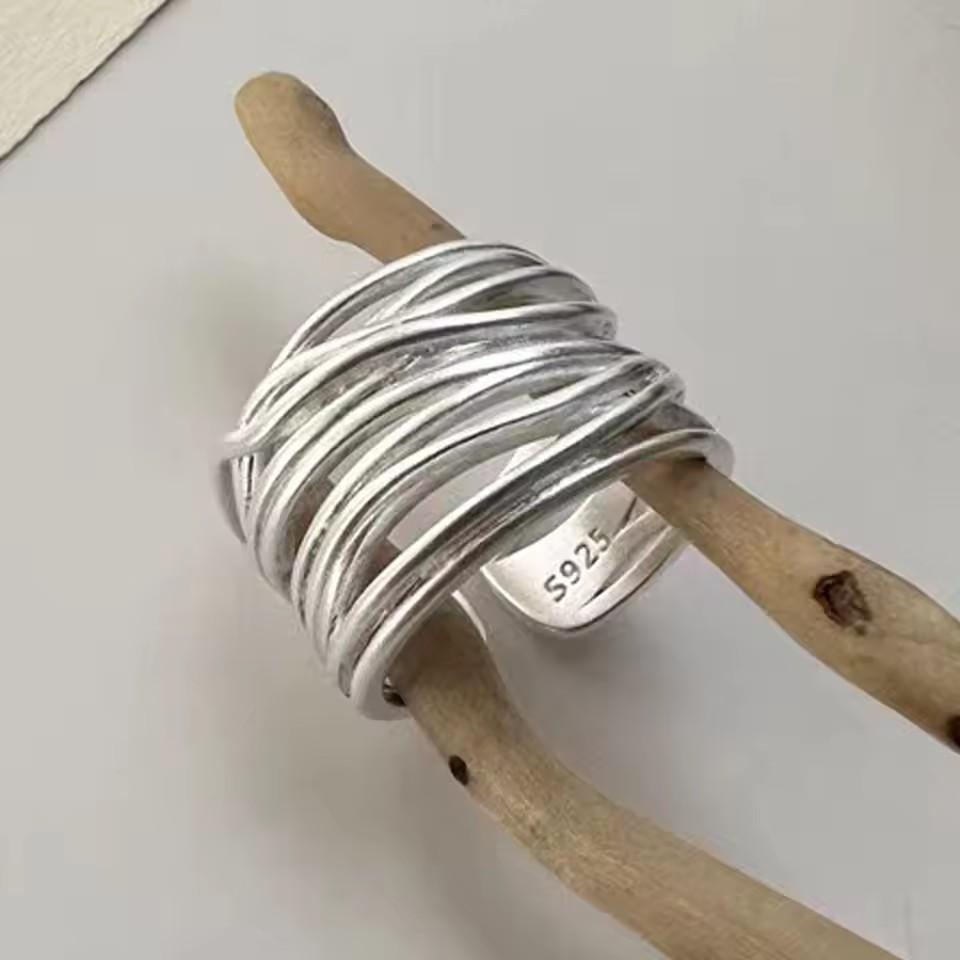 Δαχτυλίδι από Ασήμι 925 Γεωμετρικό Πολυεπίπεδο με Στρογγυλές Χάντρες Γυναικεία Μόδα Punk Τemperament Αντιαλλεργικό Στολίδι Κοσμήματα