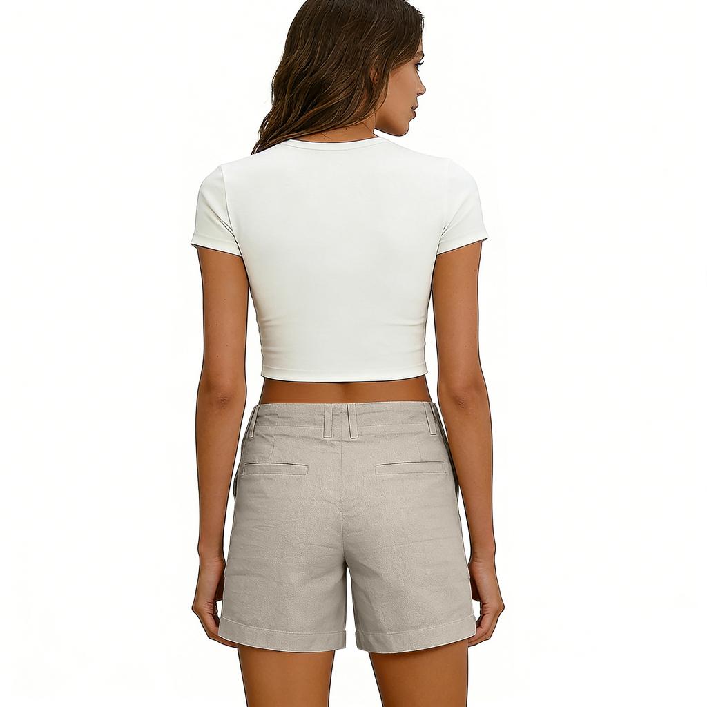 Women's Soft Cotton Linen Shorts Pockets Soft  Button Closure No Zipper Slim Fit Shorts
