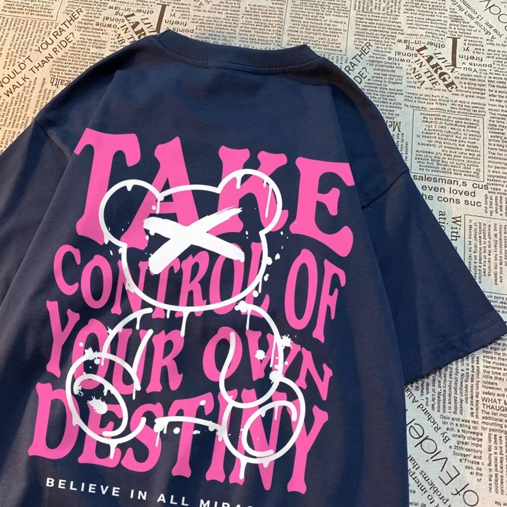 Take Control Of Your Own Destiny Pink Bear Clothes Men Vintage Oversized Casual Wears Couple Sweat Tshirts Summer Cotton T Shirt
