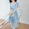 French Blue Embroidered Floral Dress Women Summer Vintage Waist Tie Floral Dress