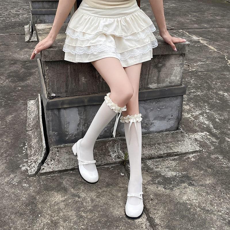 Black Hottie Pure Wind Over Knee Stockings Sweet Lace Lolita JK Stockings Cute Bow Calf Socks