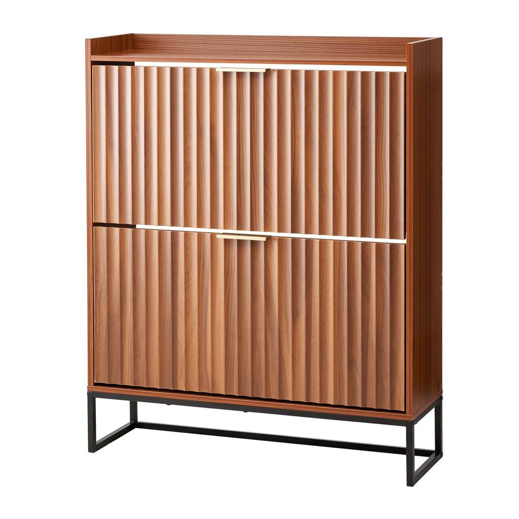 Shoe Cabinet with 2 Flip Drawers, Mid-Century Shoes Storage Cabinet with Anti-Tipping Device, Freestanding Fluted Shoe Organizer, Ideal for Entrance,