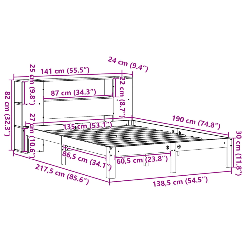 Solid Wood Bed with Shelf Without Mattress Wax Brown 135 x 190 cm