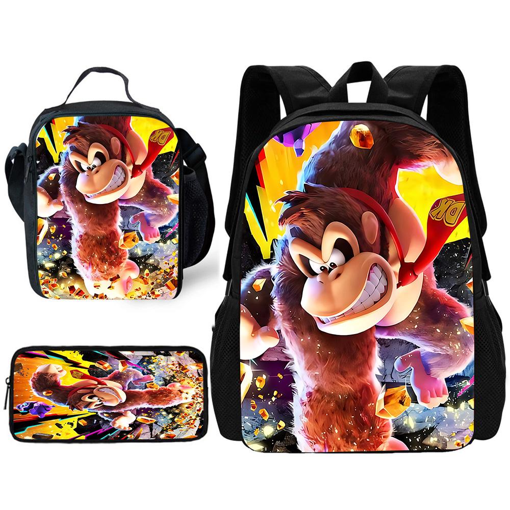 Child School Cartoon Donkeyeds Kongs Bananzaeds Backpack with Lunch Bags ,Pencil Bags ,School Bags for Boys Girls Best Gift