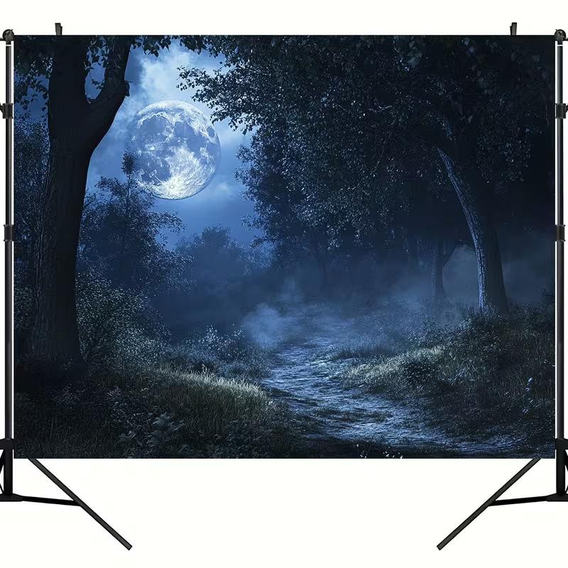 2D Magical Night Forest with Glowing Full Moon Photo Booth Background
