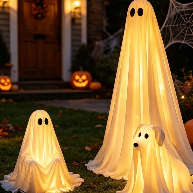 3 Piece Lighted Halloween Figure Set, Warm White LED Fabric Spirit Figures With Remote Control for Yard Porch Window Party Display
