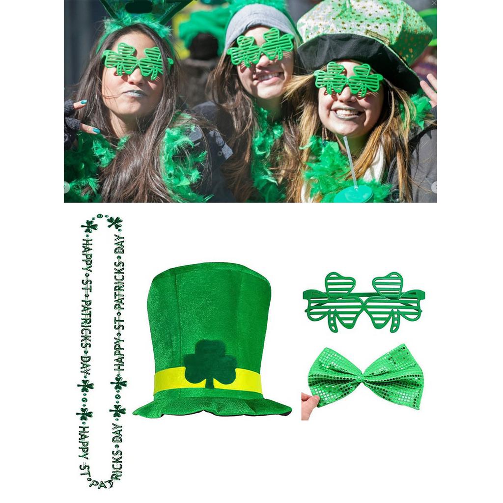 Green Tall Hat for Saint Patrick Day with Eyeglasses Festival Decor Irish National Day Flat Top Hat Costume Accessories