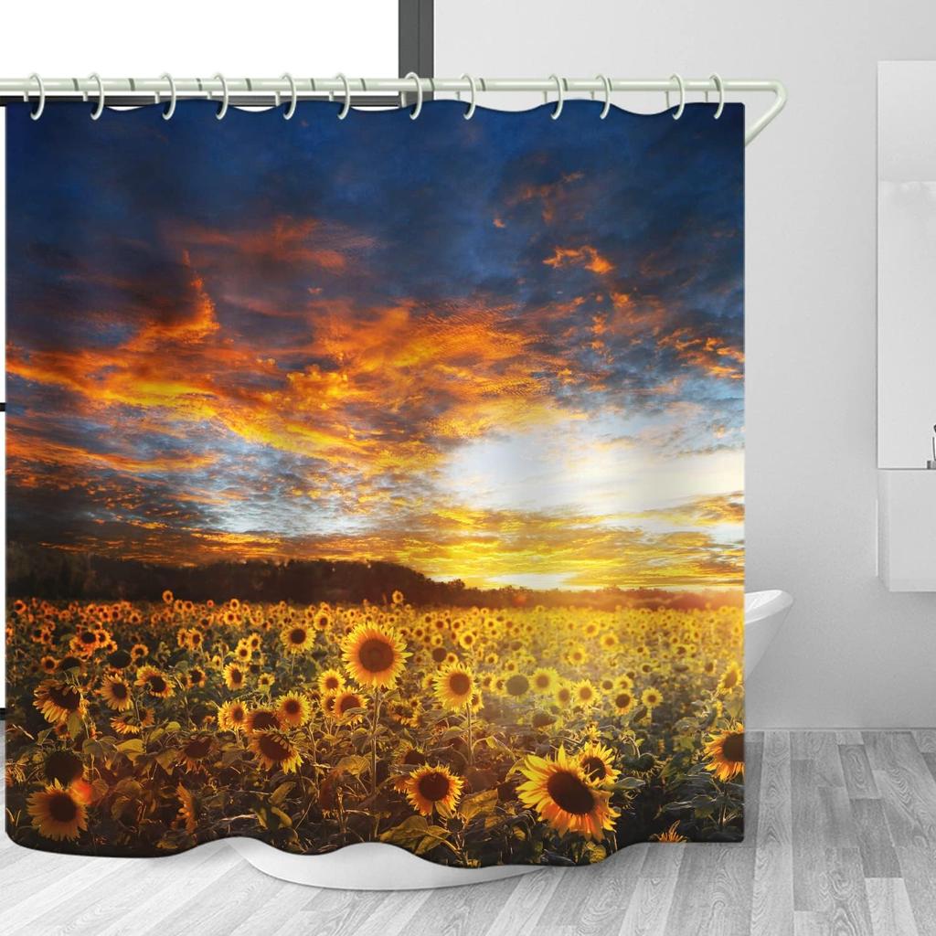 Bathroom is Equipped with A Sunset Sunflower 3D Shower Curtain, Deluxe Bathtub Standard Waterproof Shower Curtain, 12 White Hook