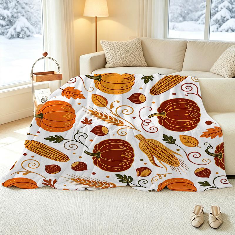 Lightweight Flannel Blanket Autumn Pumpkin Print Soft Fuzzy Throw, Warm Cozy Home Decor Blanket for Couch, Bed, Fall Season, Enhance Cozy Vibe