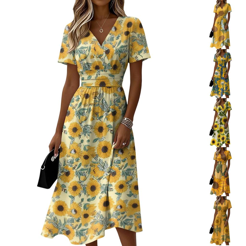 Women’s Short Sleeve V Neck Midi Dress with Sunflower Print Casual Loose Fit Summer Floral Patterned Dress for Daily Wear