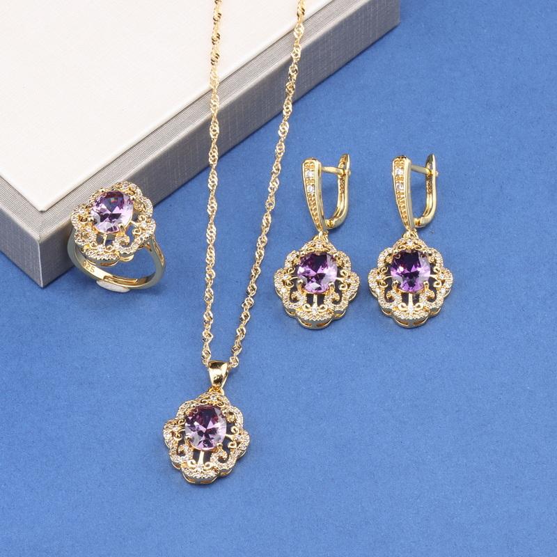 12-Colors Colorful Zircon Jewelry Accessories Gold Plated Bridal Wedding Sets Necklace And Earrings Ring For Women Gift