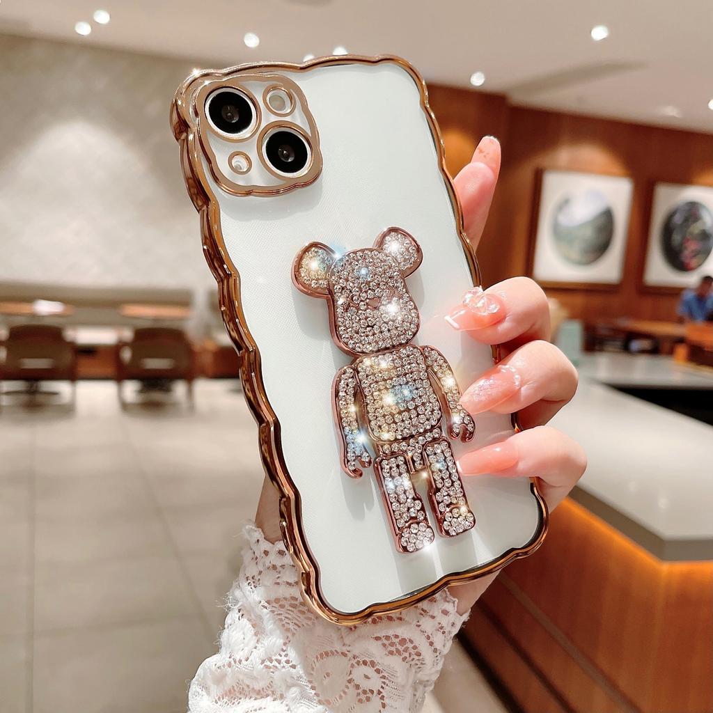 Aplicable a la funda para teléfono móvil IPhone16Pro Borde ondulado Electrochapado Apple 15 Oso violento con diamantes 14 Funda de protección de cobertura total