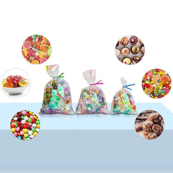 100 Pcs Candy Bags Iridescent Clear Cellophane Party Bags with Twist Ties for Cookies Candy Treats Halloween Christmas Gift Bags