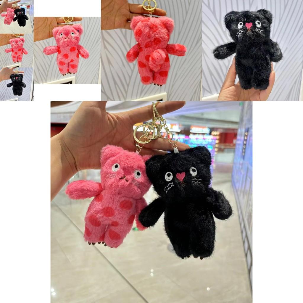 Uroczy Uroczy Czarno-Różowo-Czerwony Pluszowy Kot Breloczek Zawieszka Do Torebek I Akcesoriów
