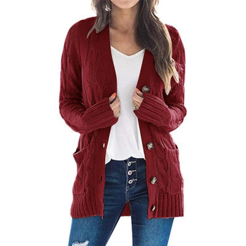 Womens Loose Fit Cable Knit Cardigan Sweater V-Neck Long Sleeve Mid-Length Casual Outerwear