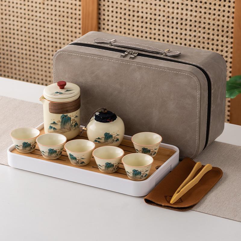 Ru Kiln Outdoor Travel Kung Fu Tea Set Gift Box Set High-end Guochao Merchandise Tea Cup Business Gift