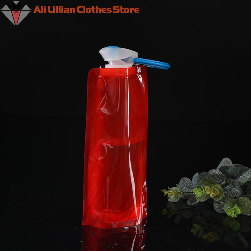 Foldable Water Bottles Flexible Reusable Travel Pouch Soft Flask Water Bag With Carabiner Clip