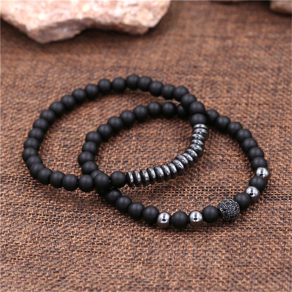 Matte Black Cubic Zirconia Ball & UFO Pendant Braided Bracelet Set