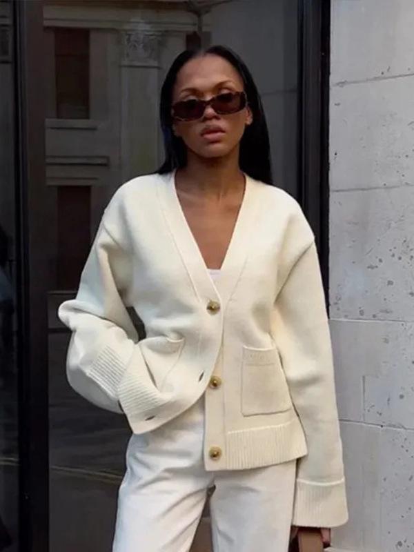 2025 Spring/Summer Solid V-neck Knit Cardigan - Casual & Versatile