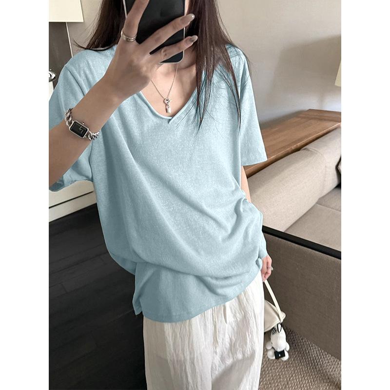 Korean Slack Snowflake Texture Curled V-neck Short-sleeved T-shirt Women's Summer New Lazy Wind Versatile Thin Top