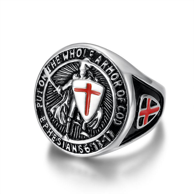 

European-American Hip-Hop Men s Gold-Plated Titanium Ring with Vintage Templar Red Cross Shield Size 13