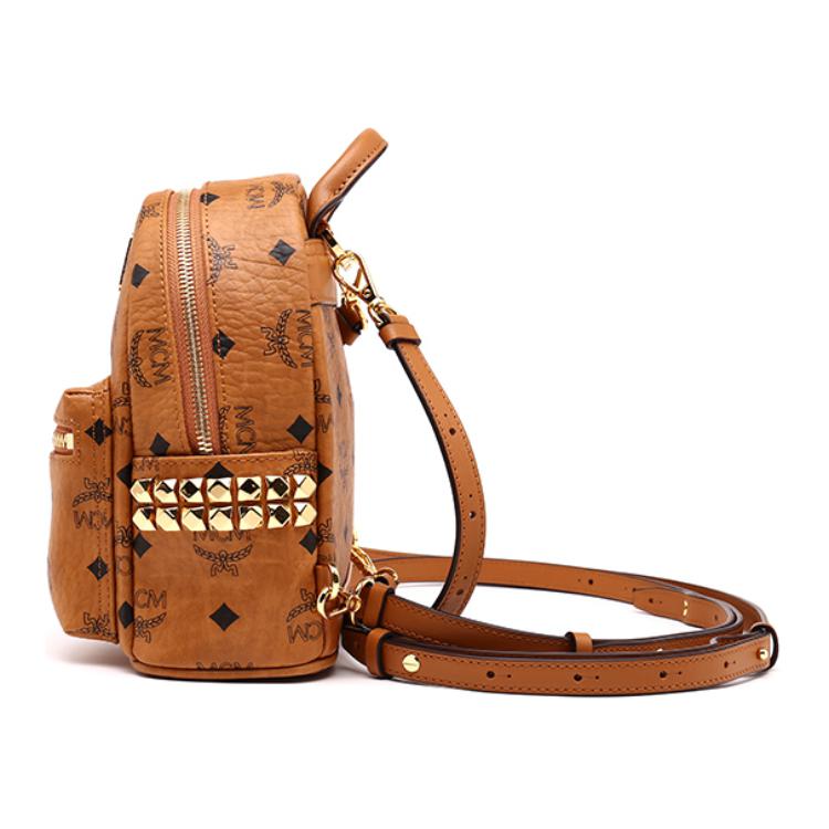 MCM Stark Classic Double-Sided Studded Coated Canvas And Leather Trim Backpack Mini Unisex backpack Brown Cognac MMKAAVE13CO001