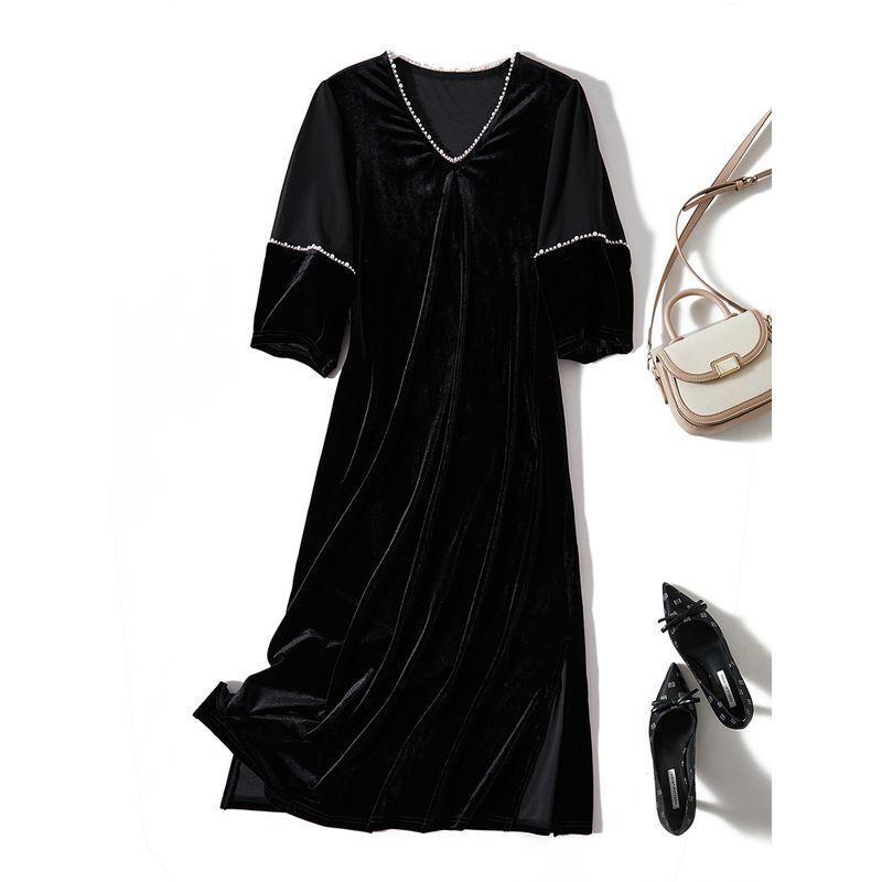 Advanced Goddess Black Dress! Strong Push Handmade Beaded V-neck a Half Sleeve Pleuche Dress Autumn and Winter Slimming