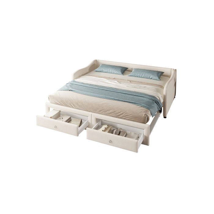 Lit De Jour - MUVOE - 90x200 Cm - Beige - Lit Escamotable - 2 Tiroirs De Rangement
