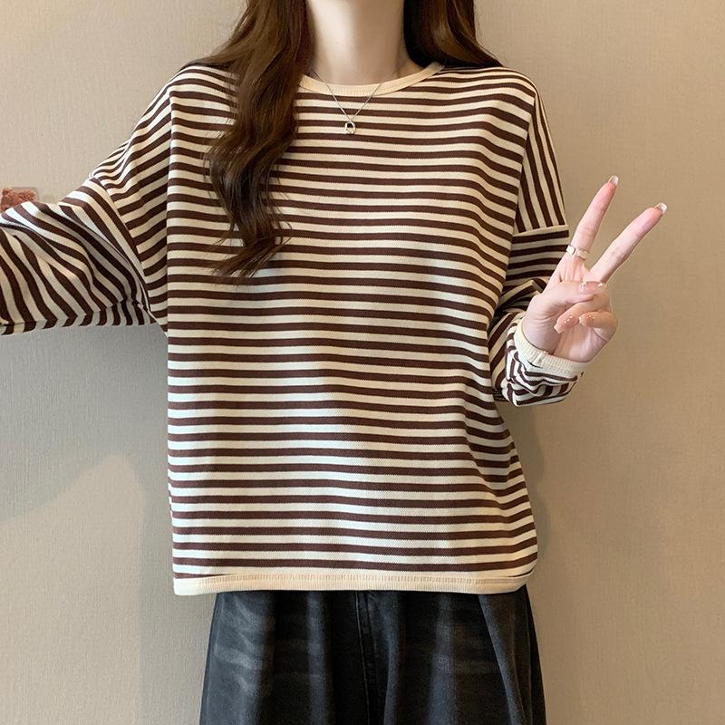 Polyester Fiber 100% 250g Striped Sweater Thin Autumn New Loose Crew Neck T Casual