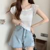 Summer Versatile Temperament Short Sleeved Small Fly Sleeve Ice Silk Knitted T-shirt French Collarbone Square Neck Top Slim Fit Short