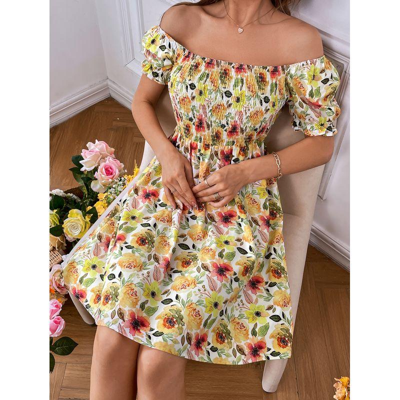 

Women s off-Shoulder Slim-Fit Floral Short-Sleeve Dress Picture Color S