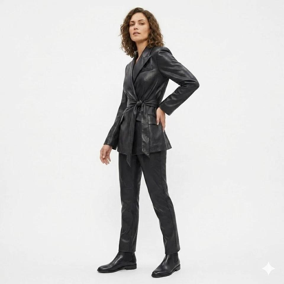 Women's Slim Fit Genuine Handmade Black Real Lambskin Leather Trench Coat Stylish